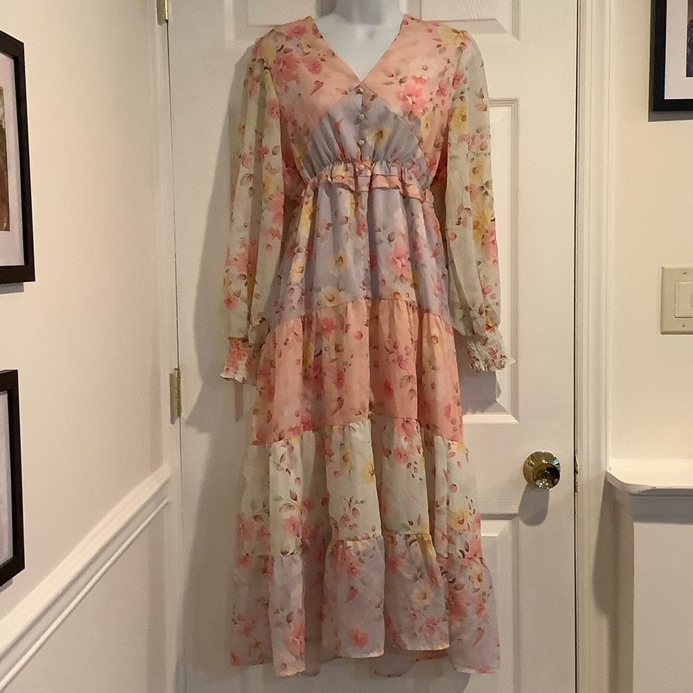 SUNDAY UP Pastel Boho Summer Wedding Guest Farmhouse Garden Party Floral Dress S